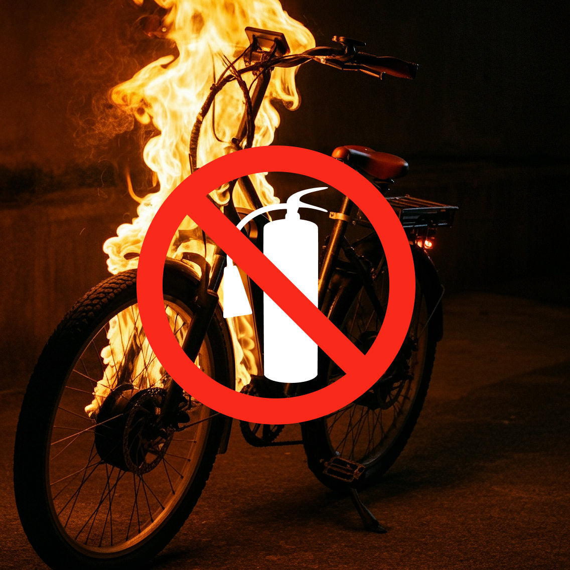 Bicycle on fire with a red 'No Fire Extinguisher' symbol overlay.